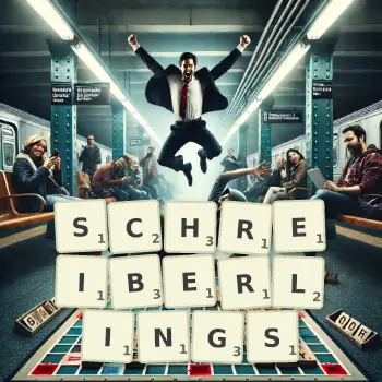 Kreative Illustration für ein Scrabble-Spiel, bei dem das Wort SCHREIBERLINGS mit Steinen auf dem Brett gelegt wurde.