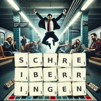 Kreative Illustration für ein Scrabble-Spiel, bei dem das Wort SCHREIBERRINGEN mit Steinen auf dem Brett gelegt wurde.