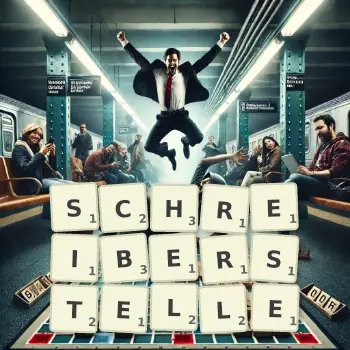 Kreative Illustration für ein Scrabble-Spiel, bei dem das Wort SCHREIBERSTELLE mit Steinen auf dem Brett gelegt wurde.