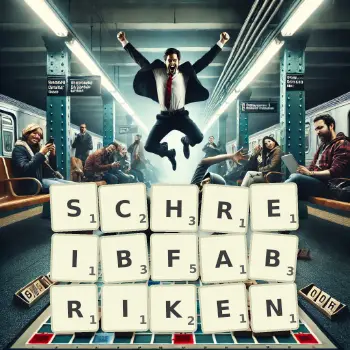 Kreative Illustration für ein Scrabble-Spiel, bei dem das Wort SCHREIBFABRIKEN mit Steinen auf dem Brett gelegt wurde.