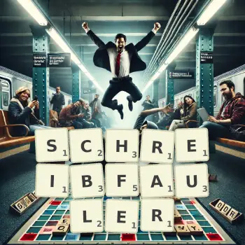 Kreative Illustration für ein Scrabble-Spiel, bei dem das Wort SCHREIBFAULER mit Steinen auf dem Brett gelegt wurde.