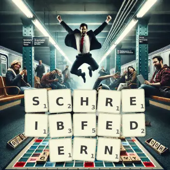 Kreative Illustration für ein Scrabble-Spiel, bei dem das Wort SCHREIBFEDERN mit Steinen auf dem Brett gelegt wurde.