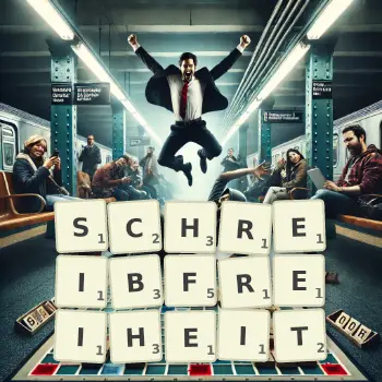 Kreative Illustration für ein Scrabble-Spiel, bei dem das Wort SCHREIBFREIHEIT mit Steinen auf dem Brett gelegt wurde.