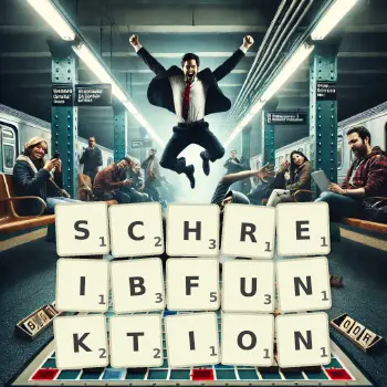 Kreative Illustration für ein Scrabble-Spiel, bei dem das Wort SCHREIBFUNKTION mit Steinen auf dem Brett gelegt wurde.