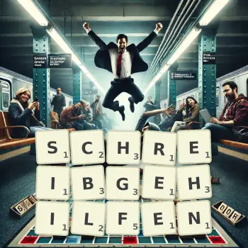 Kreative Illustration für ein Scrabble-Spiel, bei dem das Wort SCHREIBGEHILFEN mit Steinen auf dem Brett gelegt wurde.