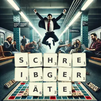 Kreative Illustration für ein Scrabble-Spiel, bei dem das Wort SCHREIBGERÄTE mit Steinen auf dem Brett gelegt wurde.