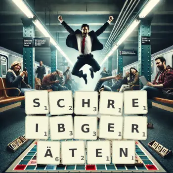 Kreative Illustration für ein Scrabble-Spiel, bei dem das Wort SCHREIBGERÄTEN mit Steinen auf dem Brett gelegt wurde.