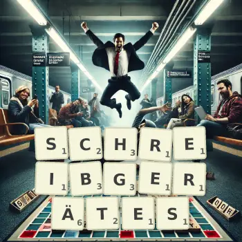 Kreative Illustration für ein Scrabble-Spiel, bei dem das Wort SCHREIBGERÄTES mit Steinen auf dem Brett gelegt wurde.