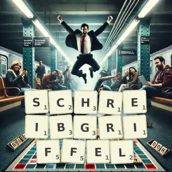 Kreative Illustration für ein Scrabble-Spiel, bei dem das Wort SCHREIBGRIFFEL mit Steinen auf dem Brett gelegt wurde.