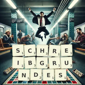Kreative Illustration für ein Scrabble-Spiel, bei dem das Wort SCHREIBGRUNDES mit Steinen auf dem Brett gelegt wurde.