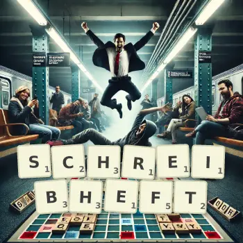 Kreative Illustration für ein Scrabble-Spiel, bei dem das Wort SCHREIBHEFT mit Steinen auf dem Brett gelegt wurde.