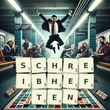 Kreative Illustration für ein Scrabble-Spiel, bei dem das Wort SCHREIBHEFTEN mit Steinen auf dem Brett gelegt wurde.