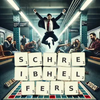Kreative Illustration für ein Scrabble-Spiel, bei dem das Wort SCHREIBHELFERS mit Steinen auf dem Brett gelegt wurde.