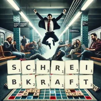 Kreative Illustration für ein Scrabble-Spiel, bei dem das Wort SCHREIBKRAFT mit Steinen auf dem Brett gelegt wurde.