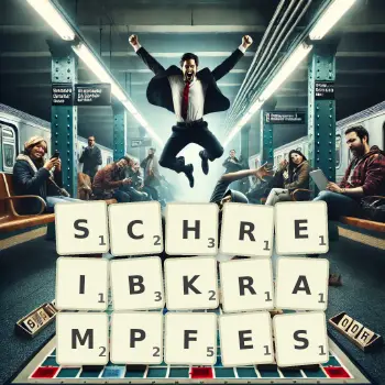 Kreative Illustration für ein Scrabble-Spiel, bei dem das Wort SCHREIBKRAMPFES mit Steinen auf dem Brett gelegt wurde.