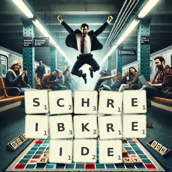 Kreative Illustration für ein Scrabble-Spiel, bei dem das Wort SCHREIBKREIDE mit Steinen auf dem Brett gelegt wurde.