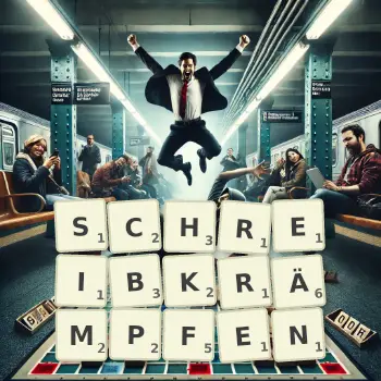 Kreative Illustration für ein Scrabble-Spiel, bei dem das Wort SCHREIBKRÄMPFEN mit Steinen auf dem Brett gelegt wurde.