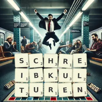 Kreative Illustration für ein Scrabble-Spiel, bei dem das Wort SCHREIBKULTUREN mit Steinen auf dem Brett gelegt wurde.