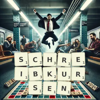 Kreative Illustration für ein Scrabble-Spiel, bei dem das Wort SCHREIBKURSEN mit Steinen auf dem Brett gelegt wurde.