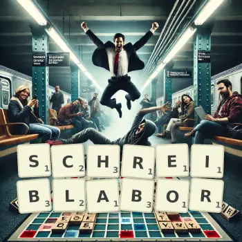 Kreative Illustration für ein Scrabble-Spiel, bei dem das Wort SCHREIBLABOR mit Steinen auf dem Brett gelegt wurde.