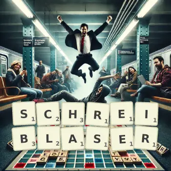 Kreative Illustration für ein Scrabble-Spiel, bei dem das Wort SCHREIBLASER mit Steinen auf dem Brett gelegt wurde.