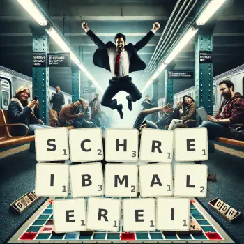 Kreative Illustration für ein Scrabble-Spiel, bei dem das Wort SCHREIBMALEREI mit Steinen auf dem Brett gelegt wurde.