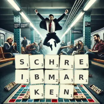 Kreative Illustration für ein Scrabble-Spiel, bei dem das Wort SCHREIBMARKEN mit Steinen auf dem Brett gelegt wurde.