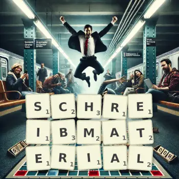 Kreative Illustration für ein Scrabble-Spiel, bei dem das Wort SCHREIBMATERIAL mit Steinen auf dem Brett gelegt wurde.