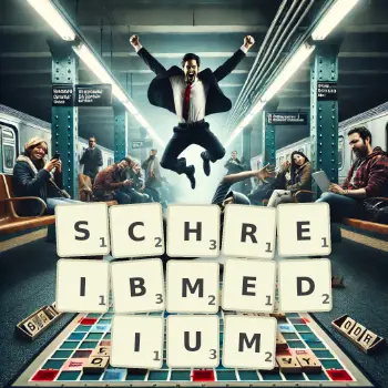 Kreative Illustration für ein Scrabble-Spiel, bei dem das Wort SCHREIBMEDIUM mit Steinen auf dem Brett gelegt wurde.