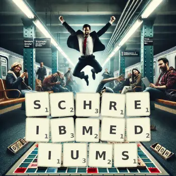 Kreative Illustration für ein Scrabble-Spiel, bei dem das Wort SCHREIBMEDIUMS mit Steinen auf dem Brett gelegt wurde.