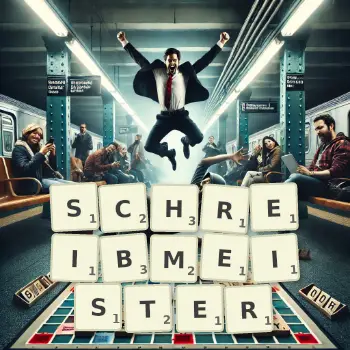 Kreative Illustration für ein Scrabble-Spiel, bei dem das Wort SCHREIBMEISTER mit Steinen auf dem Brett gelegt wurde.