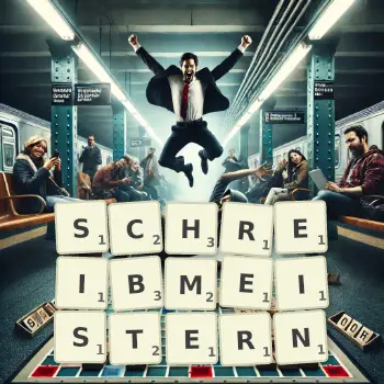 Kreative Illustration für ein Scrabble-Spiel, bei dem das Wort SCHREIBMEISTERN mit Steinen auf dem Brett gelegt wurde.