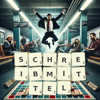 Kreative Illustration für ein Scrabble-Spiel, bei dem das Wort SCHREIBMITTEL mit Steinen auf dem Brett gelegt wurde.