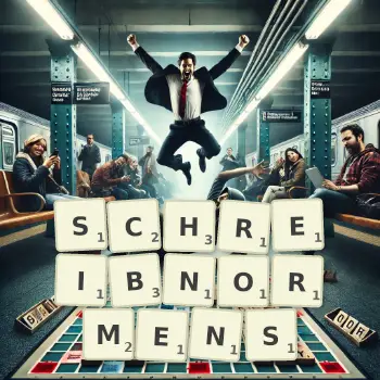 Kreative Illustration für ein Scrabble-Spiel, bei dem das Wort SCHREIBNORMENS mit Steinen auf dem Brett gelegt wurde.