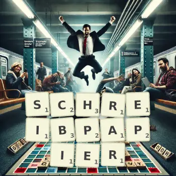Kreative Illustration für ein Scrabble-Spiel, bei dem das Wort SCHREIBPAPIER mit Steinen auf dem Brett gelegt wurde.