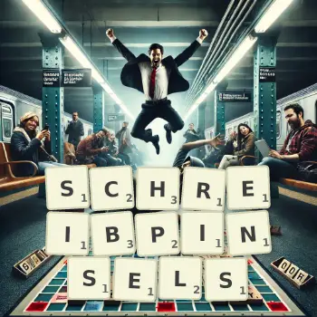 Kreative Illustration für ein Scrabble-Spiel, bei dem das Wort SCHREIBPINSELS mit Steinen auf dem Brett gelegt wurde.
