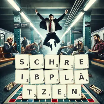 Kreative Illustration für ein Scrabble-Spiel, bei dem das Wort SCHREIBPLÄTZEN mit Steinen auf dem Brett gelegt wurde.