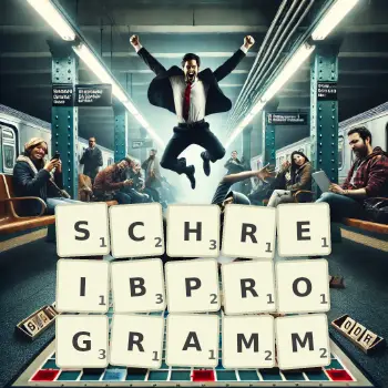 Kreative Illustration für ein Scrabble-Spiel, bei dem das Wort SCHREIBPROGRAMM mit Steinen auf dem Brett gelegt wurde.
