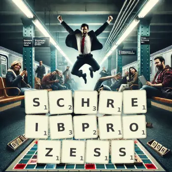 Kreative Illustration für ein Scrabble-Spiel, bei dem das Wort SCHREIBPROZESS mit Steinen auf dem Brett gelegt wurde.