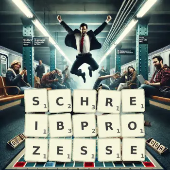 Kreative Illustration für ein Scrabble-Spiel, bei dem das Wort SCHREIBPROZESSE mit Steinen auf dem Brett gelegt wurde.