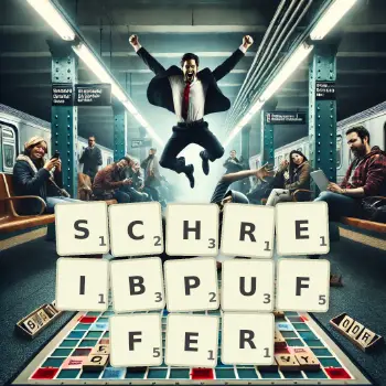 Kreative Illustration für ein Scrabble-Spiel, bei dem das Wort SCHREIBPUFFER mit Steinen auf dem Brett gelegt wurde.