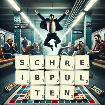Kreative Illustration für ein Scrabble-Spiel, bei dem das Wort SCHREIBPULTEN mit Steinen auf dem Brett gelegt wurde.