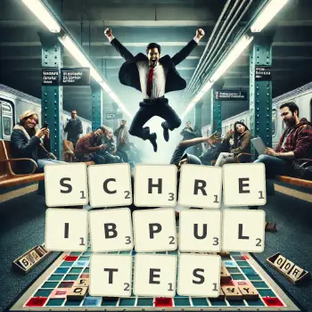 Kreative Illustration für ein Scrabble-Spiel, bei dem das Wort SCHREIBPULTES mit Steinen auf dem Brett gelegt wurde.
