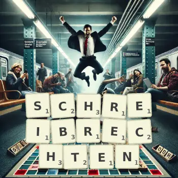 Kreative Illustration für ein Scrabble-Spiel, bei dem das Wort SCHREIBRECHTEN mit Steinen auf dem Brett gelegt wurde.