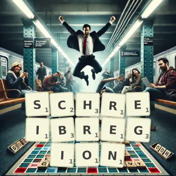 Kreative Illustration für ein Scrabble-Spiel, bei dem das Wort SCHREIBREGION mit Steinen auf dem Brett gelegt wurde.