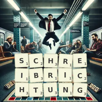 Kreative Illustration für ein Scrabble-Spiel, bei dem das Wort SCHREIBRICHTUNG mit Steinen auf dem Brett gelegt wurde.