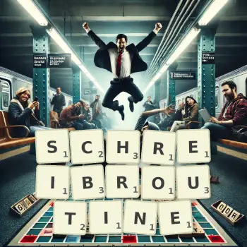 Kreative Illustration für ein Scrabble-Spiel, bei dem das Wort SCHREIBROUTINE mit Steinen auf dem Brett gelegt wurde.
