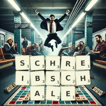 Kreative Illustration für ein Scrabble-Spiel, bei dem das Wort SCHREIBSCHALE mit Steinen auf dem Brett gelegt wurde.