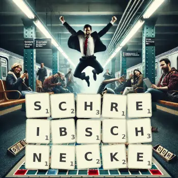 Kreative Illustration für ein Scrabble-Spiel, bei dem das Wort SCHREIBSCHNECKE mit Steinen auf dem Brett gelegt wurde.