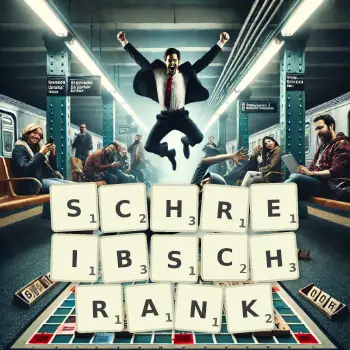 Kreative Illustration für ein Scrabble-Spiel, bei dem das Wort SCHREIBSCHRANK mit Steinen auf dem Brett gelegt wurde.